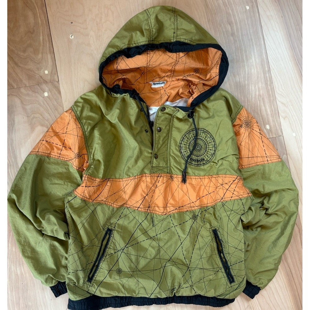 Vintage Reebok 90s Anorak Jacket Size S/M Travel Colorblock Hoodie Compass Map